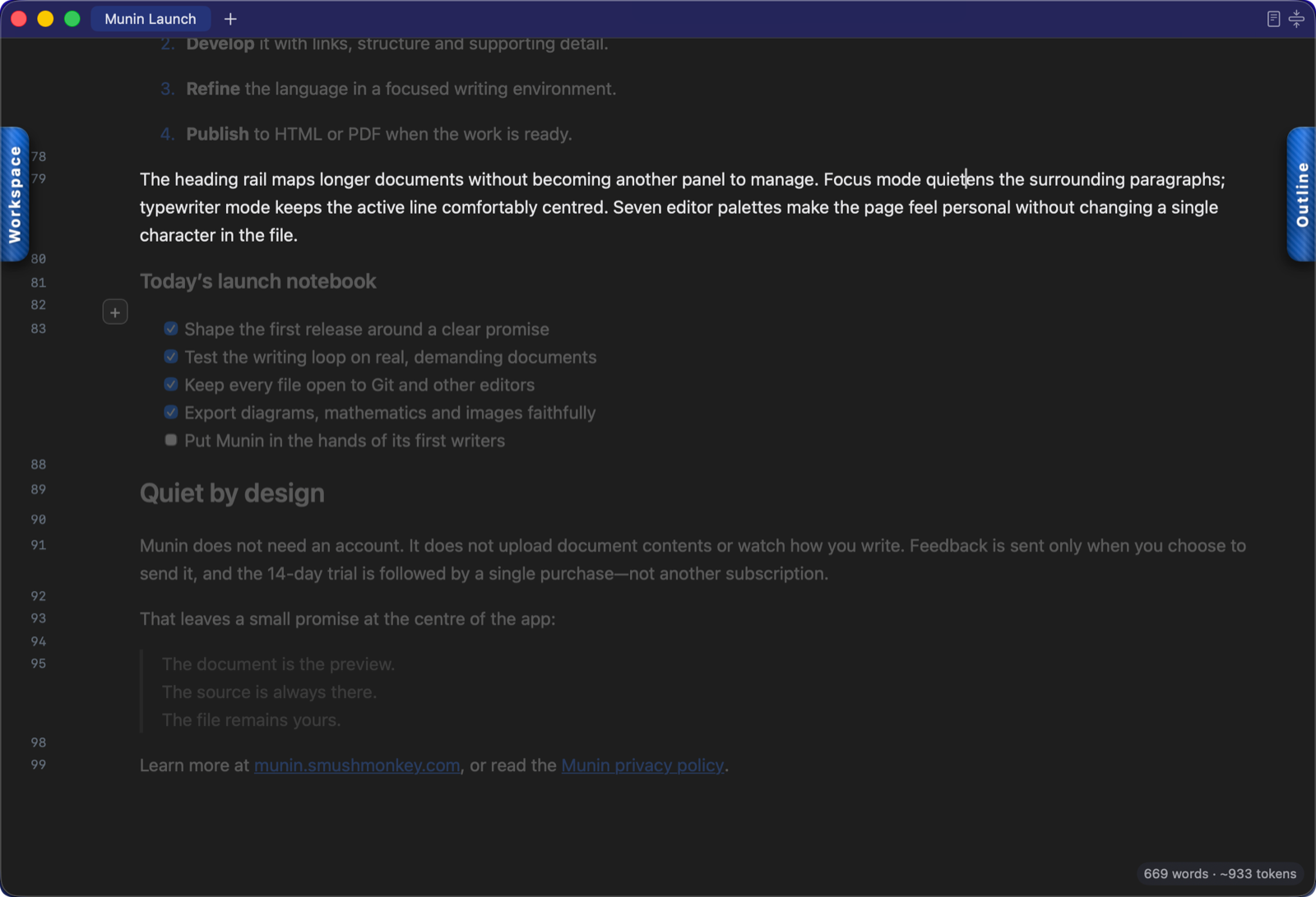 Munin in its distraction-free focus mode