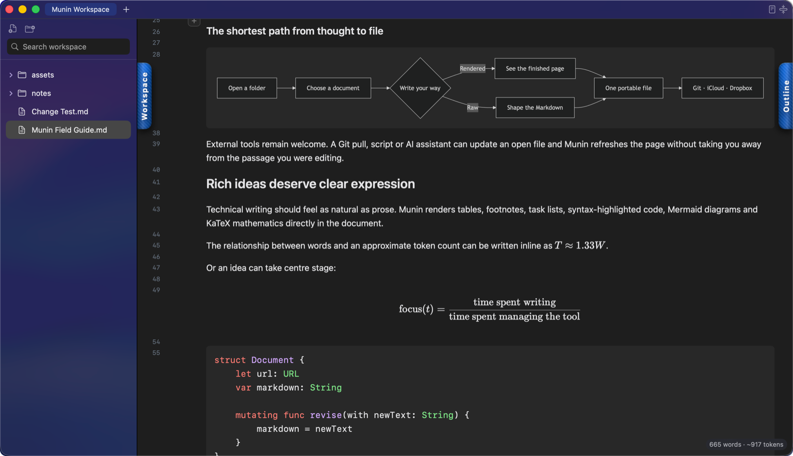 Munin rendering Mermaid diagrams, mathematics and syntax-highlighted code